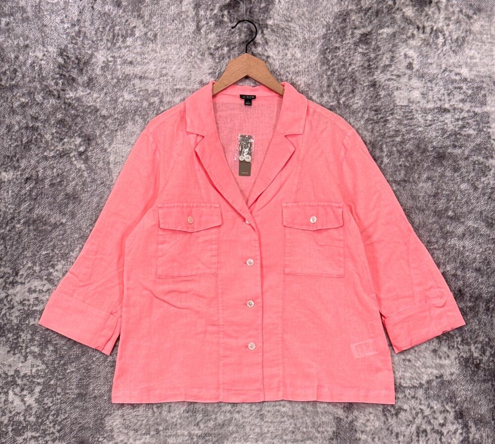 New J Crew Top 8 Womens Camp Collar Shirt Featherweight Linen Pink